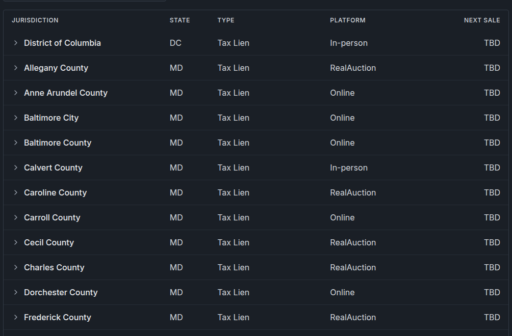 ArrearIQ coverage view showing jurisdictions, platforms and unconfirmed sale dates